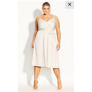 City Chic White and Gold Pinstripe Tie Waist Midi Dress